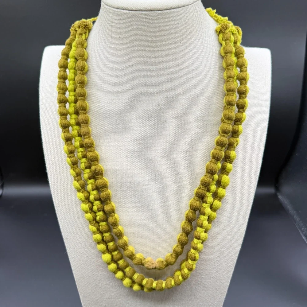 Green Ombre Tone Fabric Bead Necklace Multi Strand Knotted Statement Jewelry